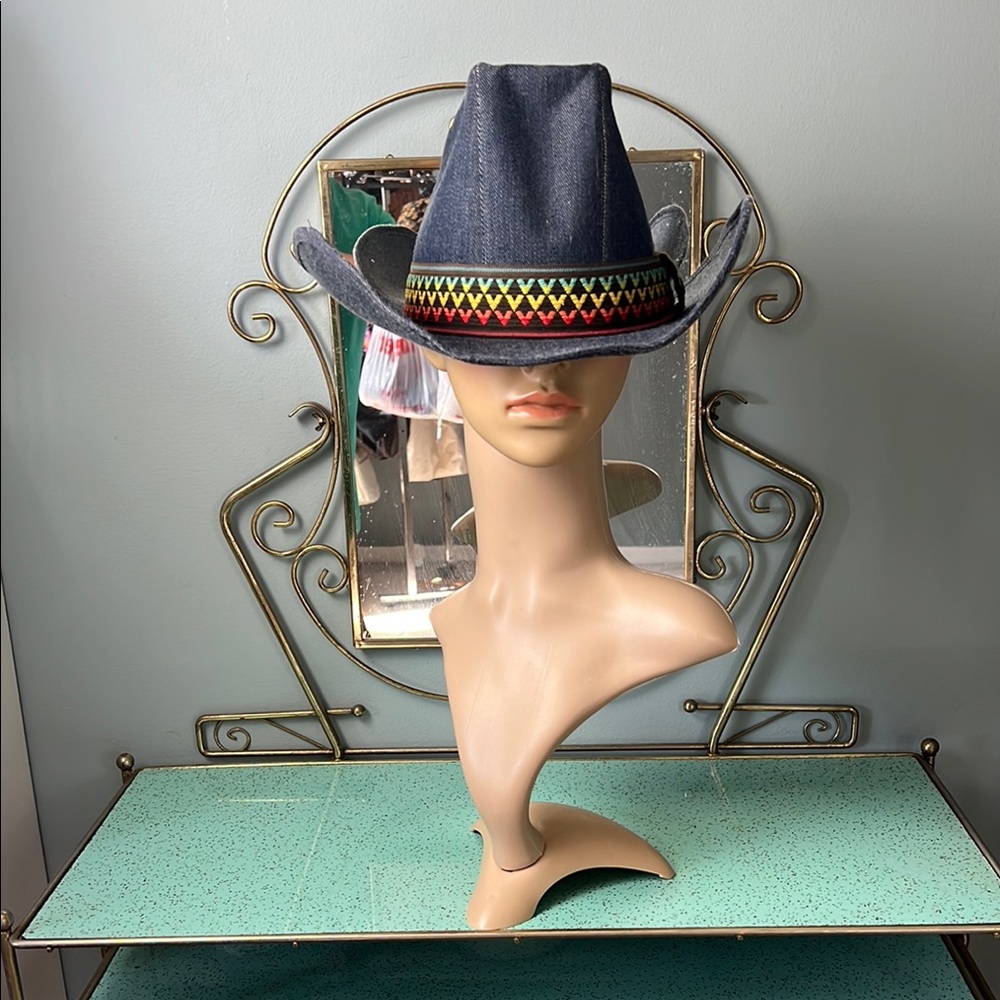 Unisex Blue Denim Cowboy Hat with Multicolor Woven Band